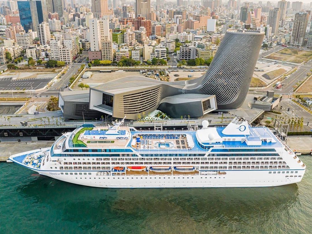 A cruise ship docked at the Kaohsiung Port Cruise Terminal