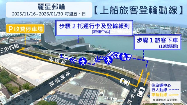 Image 2. Kaohsiung Port Cruise Terminal route organized for departing passengers scheduled for Friday and Sunday (Nov. 16 - Jan. 30) cruise voyages aboard the Star Navigator